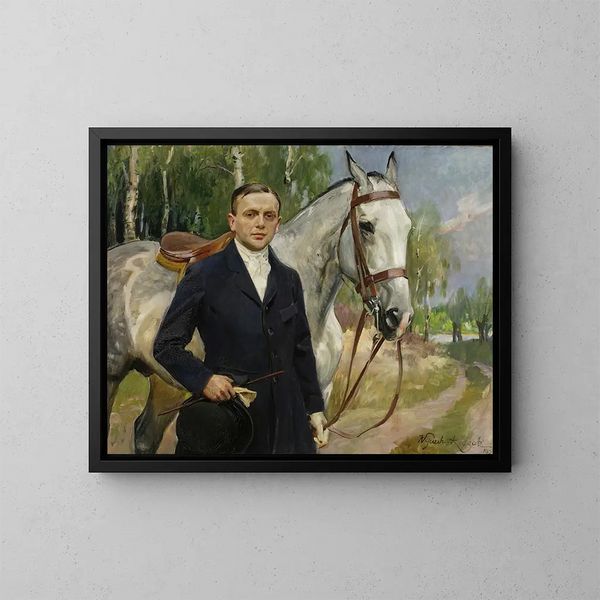 Portrait de Bronisaw Krystall avec un cheval - Wojciech Kossak — gerahmtes Bild an der Wand