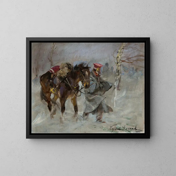 Uhlan, der ein Pferd führt - Wojciech Kossak — gerahmtes Bild an der Wand