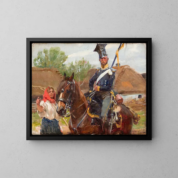 Uhlan mit einem Mädchen - Wojciech Kossak — gerahmtes Bild an der Wand