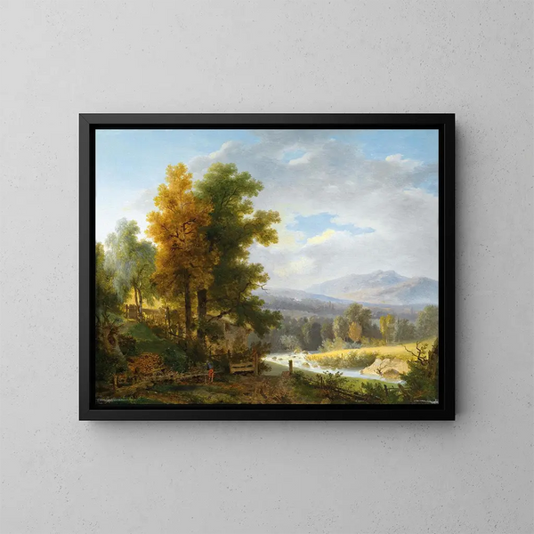 Arbeiter beim Holzarbeiten vor einer weiten Landschaft - Wolfgang Adam Töpffer — gerahmtes Bild an der Wand