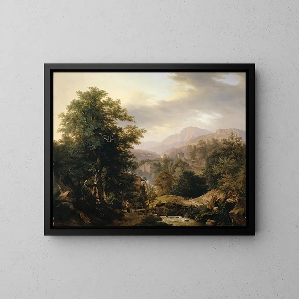 Landschaftsgemälde mit Figuren und Bach - Wolfgang Adam Töpffer — gerahmtes Bild an der Wand