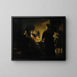 Szene einer von Kerzen beleuchteten Taverne - Wolfgang Heimbach — gerahmtes Bild an der Wand