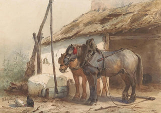 Wouterus Verschuur - Twee paarden staand voor een stal.webp