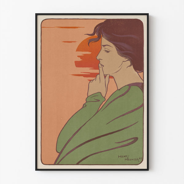 Jugendstil-Plakat – L’Heure du silence – Henri Meunier, in einem schmalen Rahmen an einer hellen Wand.