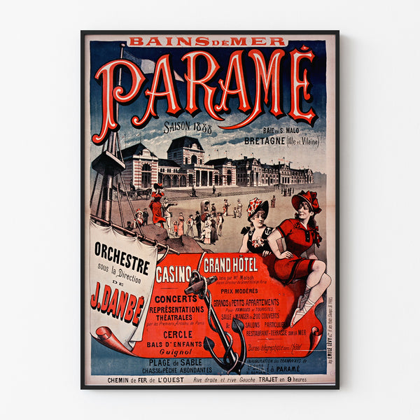 Vintage-Poster Bretagne – Paramé, Bucht von Saint-Malo, in einem feinen Rahmen an einer hellen Wand präsentiert.