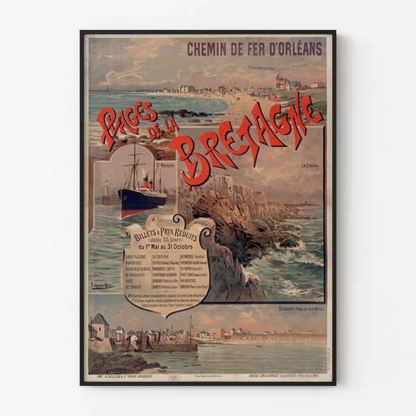 Vintage-Poster Bretagne – Strände der Bretagne, Orléans, in einem dünnen Rahmen an einer hellen Wand.