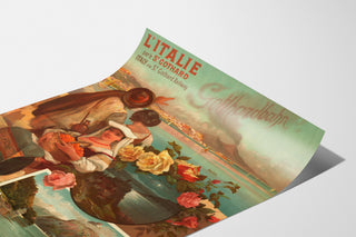 Eisenbahnplakat – Italien via Sankt-Gotthard, 1892, auf gebogenem Papier gezeigt, perspektivische Ansicht.
