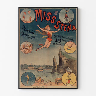Vintage-Zirkusplakat Miss Stena, Absalons Abfahrt, in einem dünnen Rahmen an einer hellen Wand.