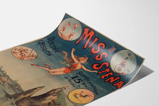 Vintage-Zirkusplakat Miss Stena, Absalons Abfahrt, auf einer gebogenen Seite präsentiert, perspektivische Ansicht.