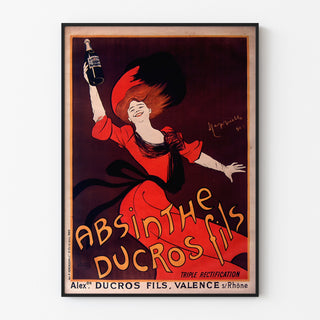 Vintage-Werbeplakat „Absinthe Ducros“ in einem schlanken Rahmen an einer hellen Wand.