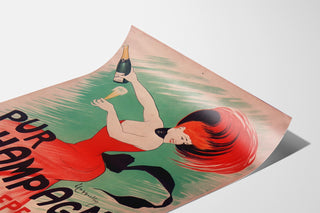 Vintage-Werbeplakat Champagne Damery-Épernay, auf einer gebogenen Fläche präsentiert, perspektivische Ansicht.