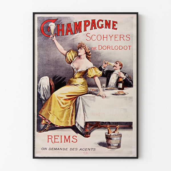 Vintage-Werbeplakat Champagne Scohyers de Dorlodot, in einem schmalen Rahmen an einer hellen Wand.