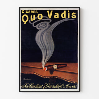 Vintage-Werbeplakat Zigarren Quo Vadis, in einem schmalen Rahmen an einer hellen Wand.