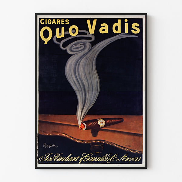 Vintage-Werbeplakat Zigarren Quo Vadis, in einem schmalen Rahmen an einer hellen Wand.