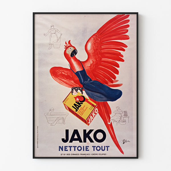 Vintage-Werbeplakat Jako nettoie tout, in einem schmalen Rahmen an einer hellen Wand.
