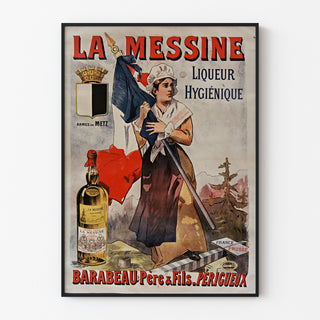 Vintage-Werbeplakat La Messine, Likör, in einem schmalen Rahmen an einer hellen Wand.