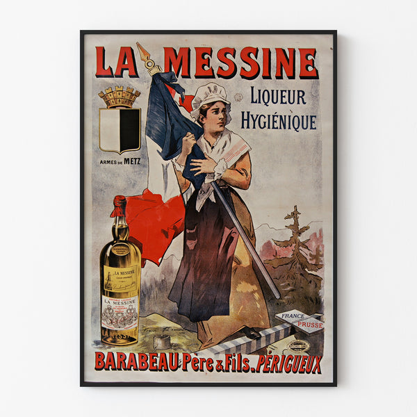 Vintage-Werbeplakat La Messine, Likör, in einem schmalen Rahmen an einer hellen Wand.
