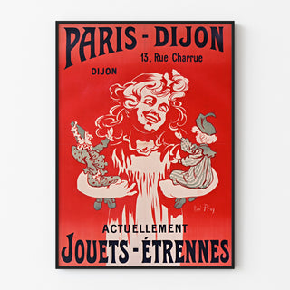 Vintage-Werbeplakat Paris–Dijon, Spielzeug und Neujahrsgeschenke, in einem schmalen Rahmen an einer hellen Wand.
