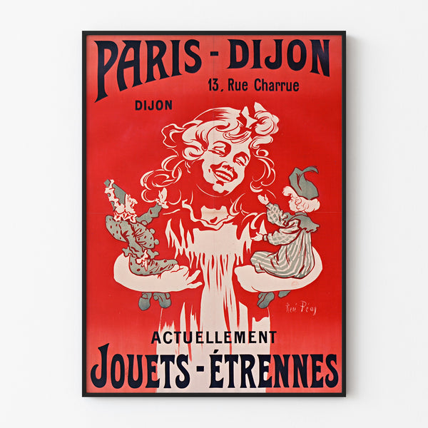 Vintage-Werbeplakat Paris–Dijon, Spielzeug und Neujahrsgeschenke, in einem schmalen Rahmen an einer hellen Wand.