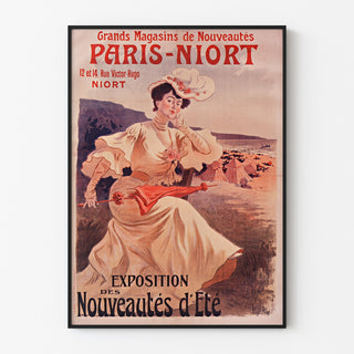 Werbeplakat Vintage Paris-Niort, Sommerneuheiten, in einem schmalen Rahmen an heller Wand präsentiert.