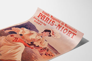 Werbeplakat Vintage Paris-Niort, Sommerneuheiten, als leicht gewölbtes Blatt in Perspektive präsentiert.
