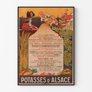 Vintage-Werbeplakat Potasses d’Alsace, in einem schmalen Rahmen an einer hellen Wand präsentiert.