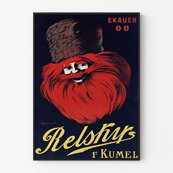 Vintage-Werbeplakat Relskyr - 1° Kumel, in einem schmalen Rahmen an einer hellen Wand präsentiert.