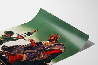 Vintage-Werbeplakat Royal Melchior, grand mousseux, auf einem gebogenen Blatt präsentiert, perspektivische Ansicht.