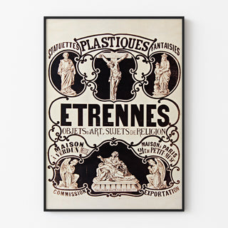 Vintage-Werbeplakat Verdun, Statuetten und Neujahrsgeschenke, in einem dünnen Rahmen an einer hellen Wand.