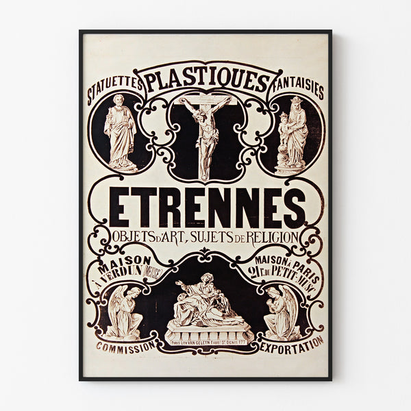 Vintage-Werbeplakat Verdun, Statuetten und Neujahrsgeschenke, in einem dünnen Rahmen an einer hellen Wand.