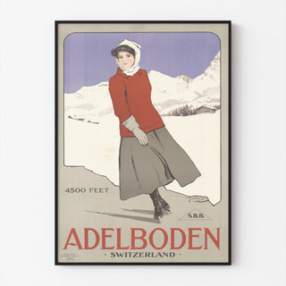 Schweizer Vintage-Plakat – Adelboden – Carlo Pellegrini, 1905, in einem schmalen Rahmen an einer hellen Wand.