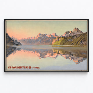 Vintage-Schweiz-Poster – Vierwaldstättersee – Jakob Wyss, in einem schmalen Rahmen an einer hellen Wand präsentiert.
