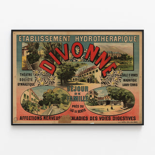 Vintage-Reiseplakat – Divonne — Familienurlaub am Genfersee, in einem schmalen Rahmen an einer hellen Wand präsentiert.