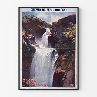 Vintage-Tourismusplakat – Gimel, la Grande Cascade, in einem schmalen Rahmen an einer hellen Wand.