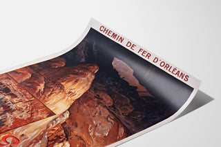 Vintage-Reiseplakat – Grottes de Lacave, Rocamadour, auf einer gebogenen Bogenfläche präsentiert, perspektivische Ansicht.