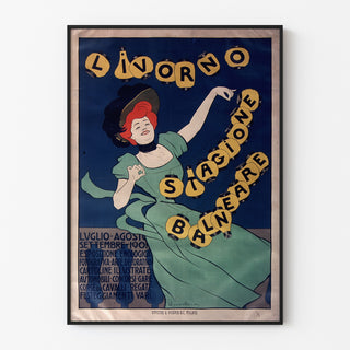 Vintage-Reiseplakat – Livorno, Badesaison, in einem schlanken Rahmen an einer hellen Wand.
