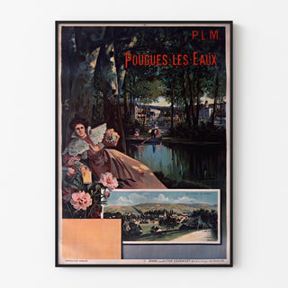 Vintage-Reiseplakat – Pougues-les-Eaux, PLM, in einem feinen Rahmen an einer hellen Wand.