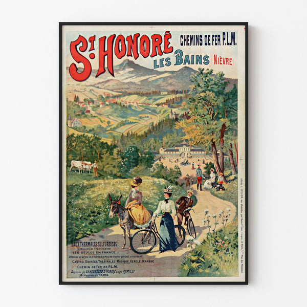 Vintage-Reiseplakat – Saint-Honoré-les-Bains, Thermalquellen, in einem dünnen Rahmen an einer hellen Wand.