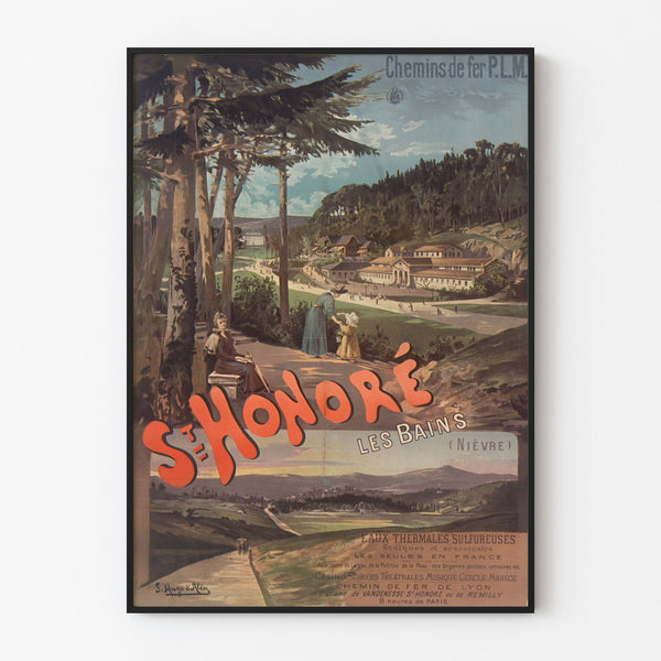 Vintage-Reiseplakat – Saint-Honoré-les-Bains, PLM, in einem dünnen Rahmen an einer hellen Wand.