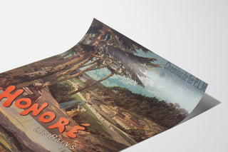 Vintage-Reiseplakat – Saint-Honoré-les-Bains, PLM, auf einer gebogenen Papierseite liegend, perspektivisch dargestellt.