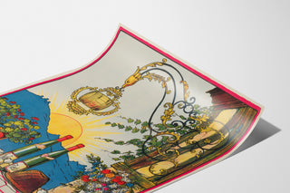 Vintage-Weinplakat – Au bon vin d’Alsace – Hansi, auf gebogenem Papier gezeigt, perspektivische Ansicht.