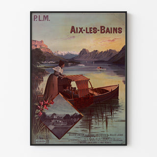 Vintage-Plakat «Aix-les-Bains, Billets collectifs PLM», in einem schlanken Rahmen an einer hellen Wand präsentiert.
