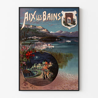 Vintage-Plakat «Aix-les-Bains, fête de nuit», in einem schlanken Rahmen an einer hellen Wand präsentiert.