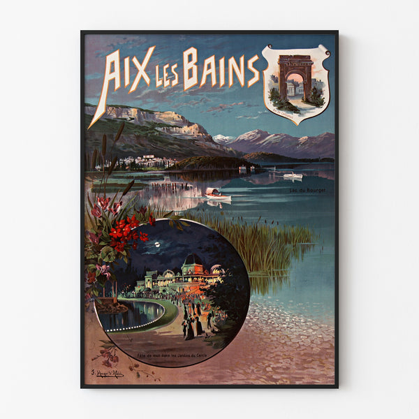 Vintage-Plakat «Aix-les-Bains, fête de nuit», in einem schlanken Rahmen an einer hellen Wand präsentiert.