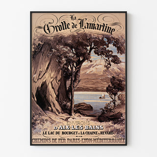 Vintage-Plakat «Aix-les-Bains, Grotte de Lamartine», in einem schlanken Rahmen an einer hellen Wand präsentiert.