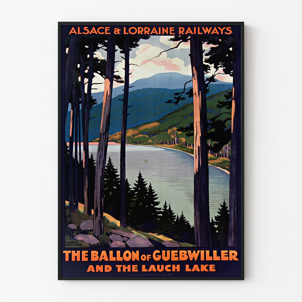 Vintage-Plakat Alsace-Lorraine, Ballon von Guebwiller, in einem schmalen Rahmen an einer hellen Wand präsentiert.