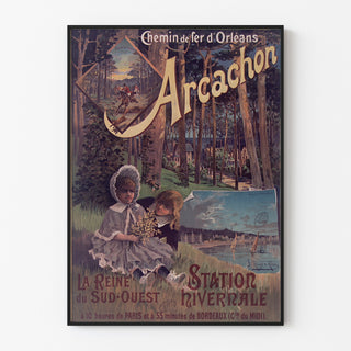 Vintage-Plakat Arcachon, Winterkurort, in einem schmalen Rahmen an einer hellen Wand.