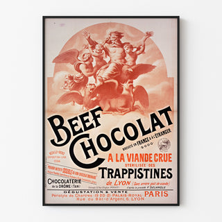 Vintage-Plakat Beef Chocolat, Confiserie de la Drôme, in einem schmalen Rahmen an einer hellen Wand.