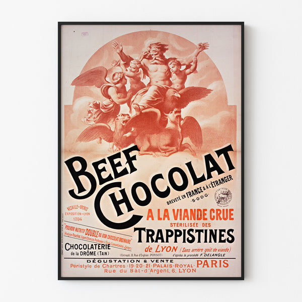Vintage-Plakat Beef Chocolat, Confiserie de la Drôme, in einem schmalen Rahmen an einer hellen Wand.