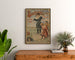 Vintage-Plakat Boulogne-sur-Mer, 24 express, gerahmt über einer Holzkommode, zwischen Pflanzen.